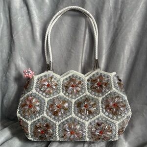 Beaded Floral Accent White Evening Tote